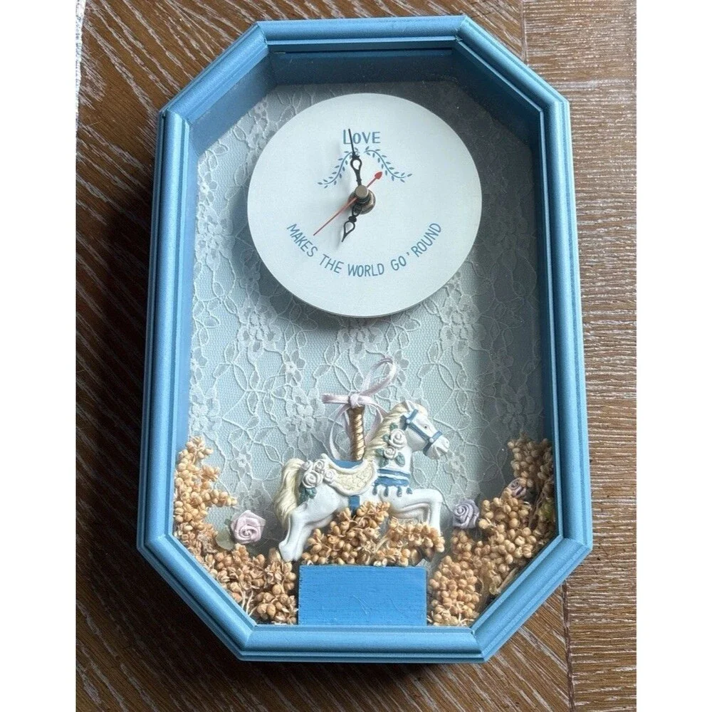 Vintage 90s Carousel Shadowbox Cottagecore Clock Tested